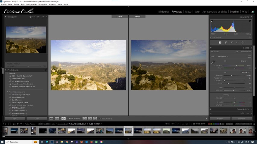 Uma captura de tela do Lightroom mostrando o antes e o depois da edição