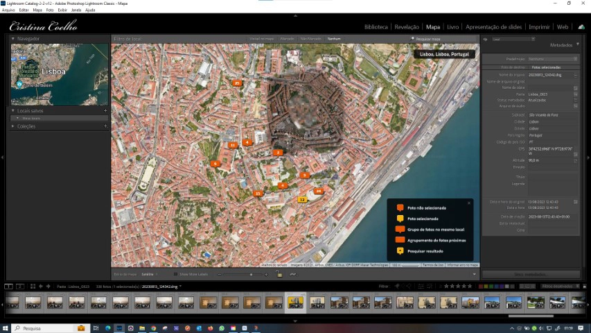 Modulo mapa exibindo um mapa da localização de todas as fotos que estão na tira de filme.