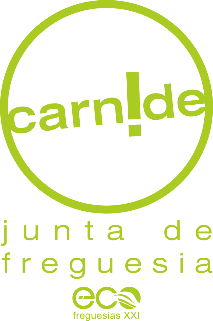 Logotipo verde com a palavra “carn!de” dentro de um círculo, “junta de freguesia” logo abaixo e “eco freguesias XXI” na parte inferior, acompanhado de um ícone de folha. Perfeito para iniciativas como a exposição de fotografia de Lisboa ou temas como “mulheres pelo mundo”, simbolizando comunidade e sustentabilidade.